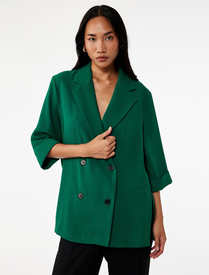  Krep Kumaş 3/4 Kollu Kruvaze Blazer Ceket
