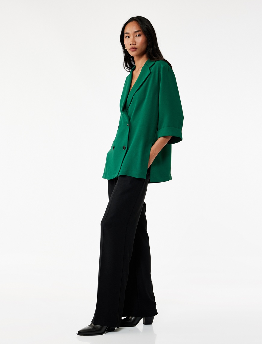   Krep Kumaş 3/4 Kollu Kruvaze Blazer Ceket