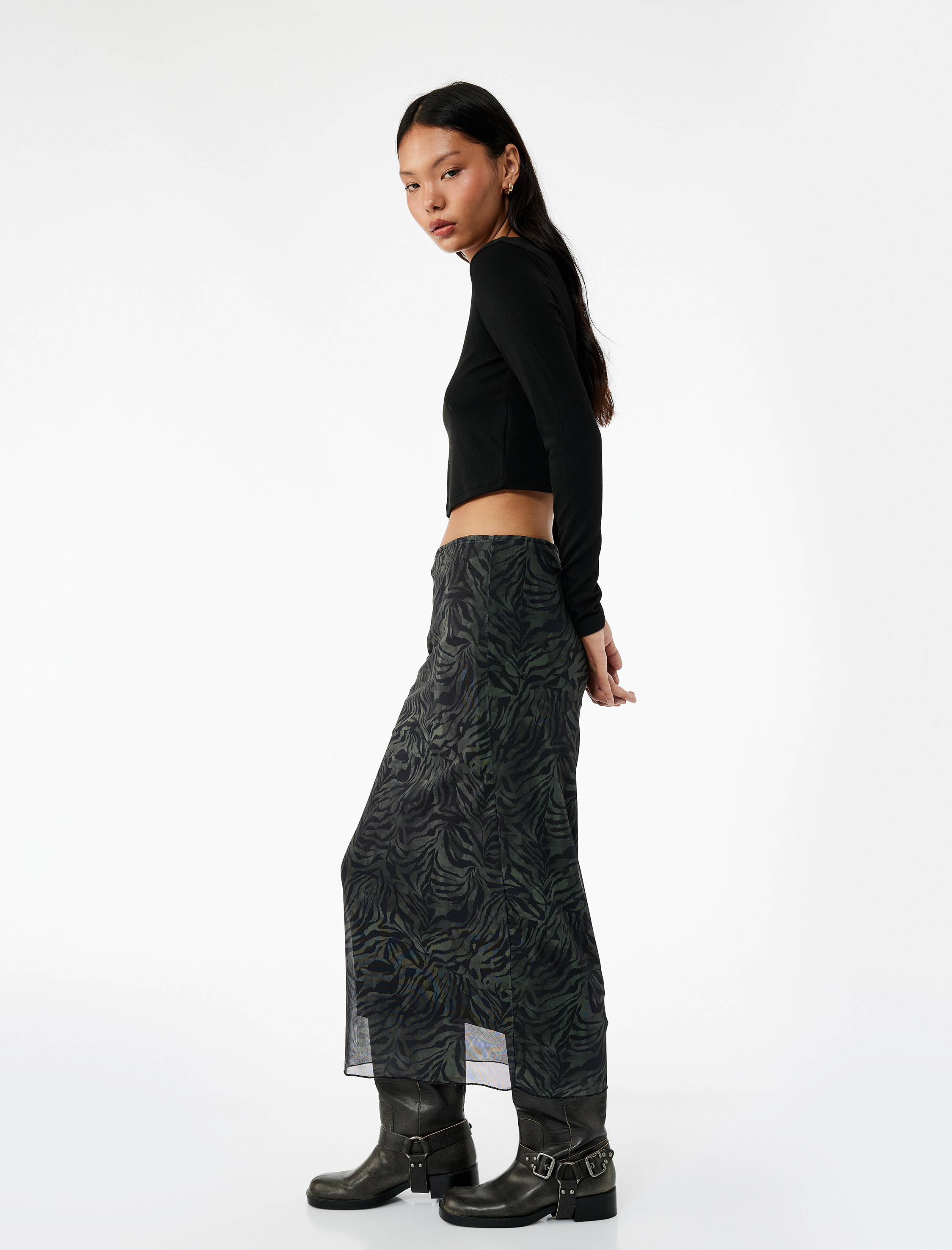   Tül Midi Zebra Baskılı Kalem Etek