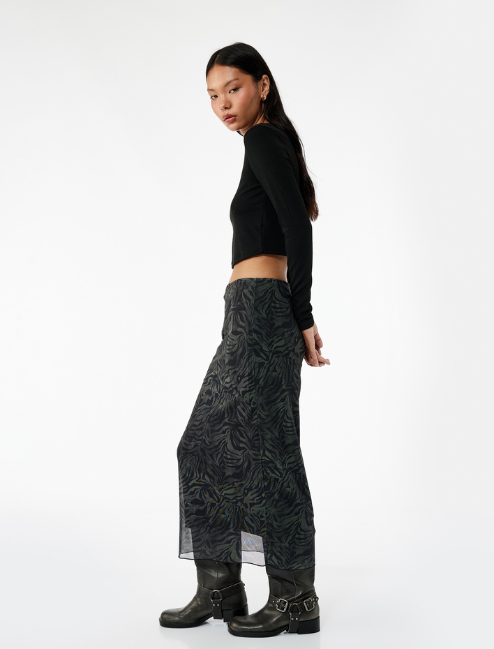  Tül Midi Zebra Baskılı Kalem Etek