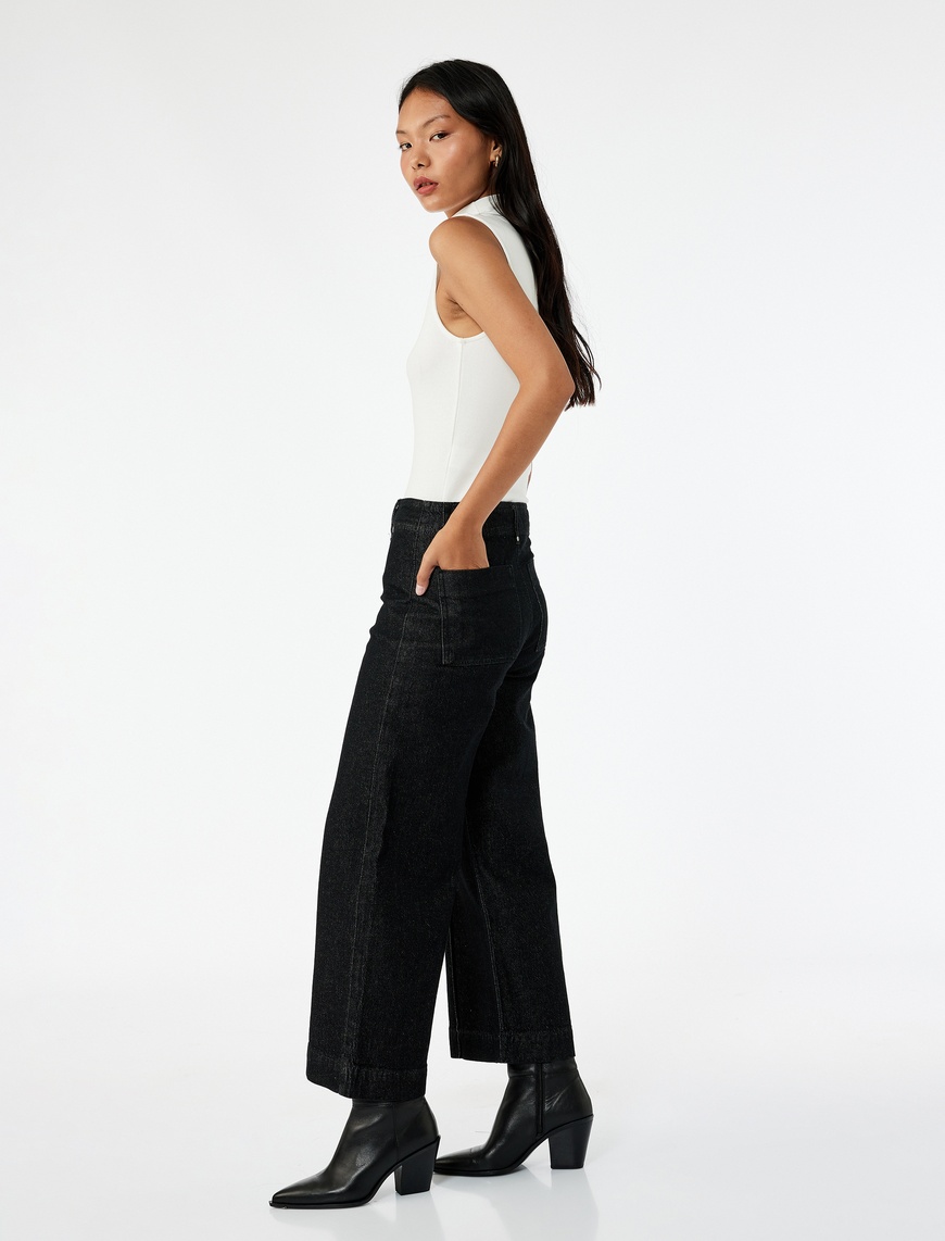   Yüksek Bel Pamuklu Metal Aksesuarlı Nervürlü Kısa Jean Pantolon - Culotte Jeans