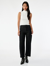 Yüksek Bel Pamuklu Metal Aksesuarlı Nervürlü Kısa Jean Pantolon - Culotte Jeans