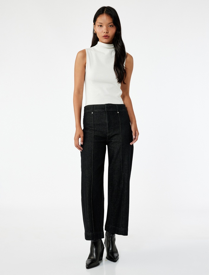  Yüksek Bel Pamuklu Metal Aksesuarlı Nervürlü Kısa Jean Pantolon - Culotte Jeans
