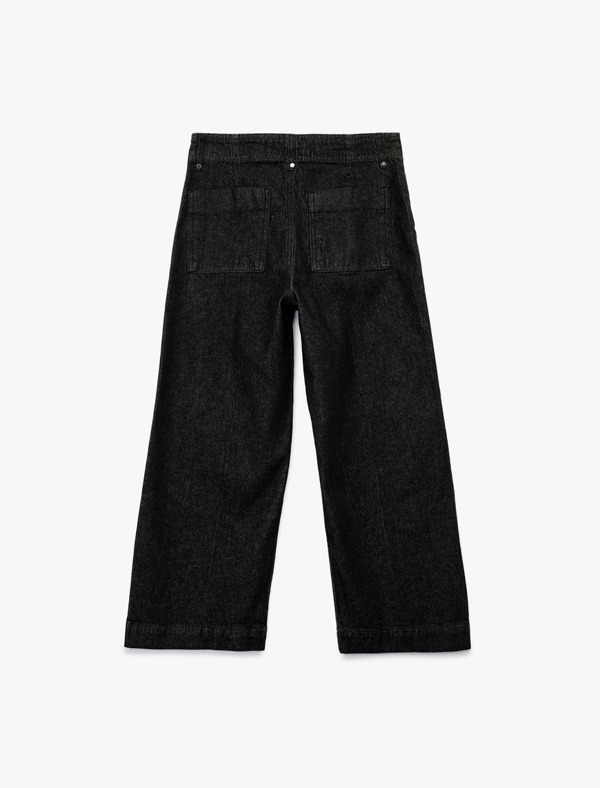   Yüksek Bel Pamuklu Metal Aksesuarlı Nervürlü Kısa Jean Pantolon - Culotte Jeans