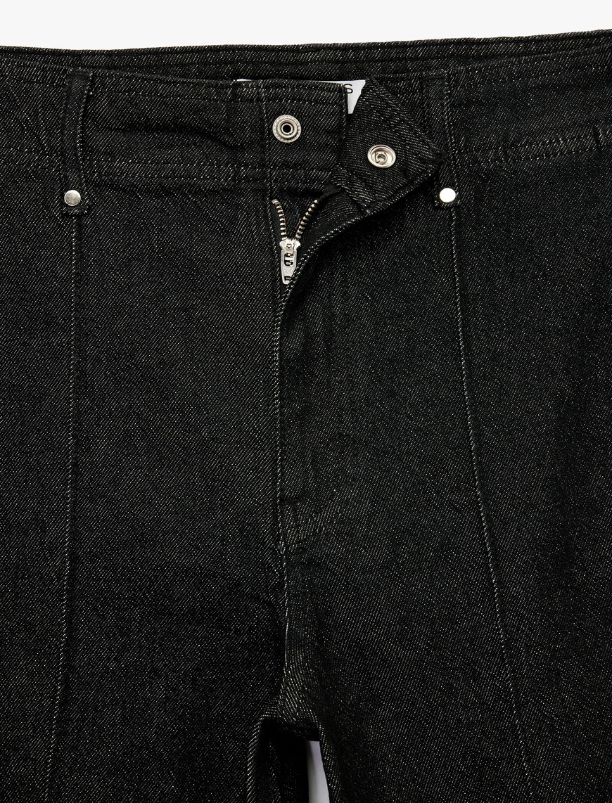   Yüksek Bel Pamuklu Metal Aksesuarlı Nervürlü Kısa Jean Pantolon - Culotte Jeans