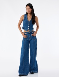 Rahat Kalıp Cep Detaylı Nervürlü Geniş Paça Jean Pantolon -  Wide Leg Jeans
