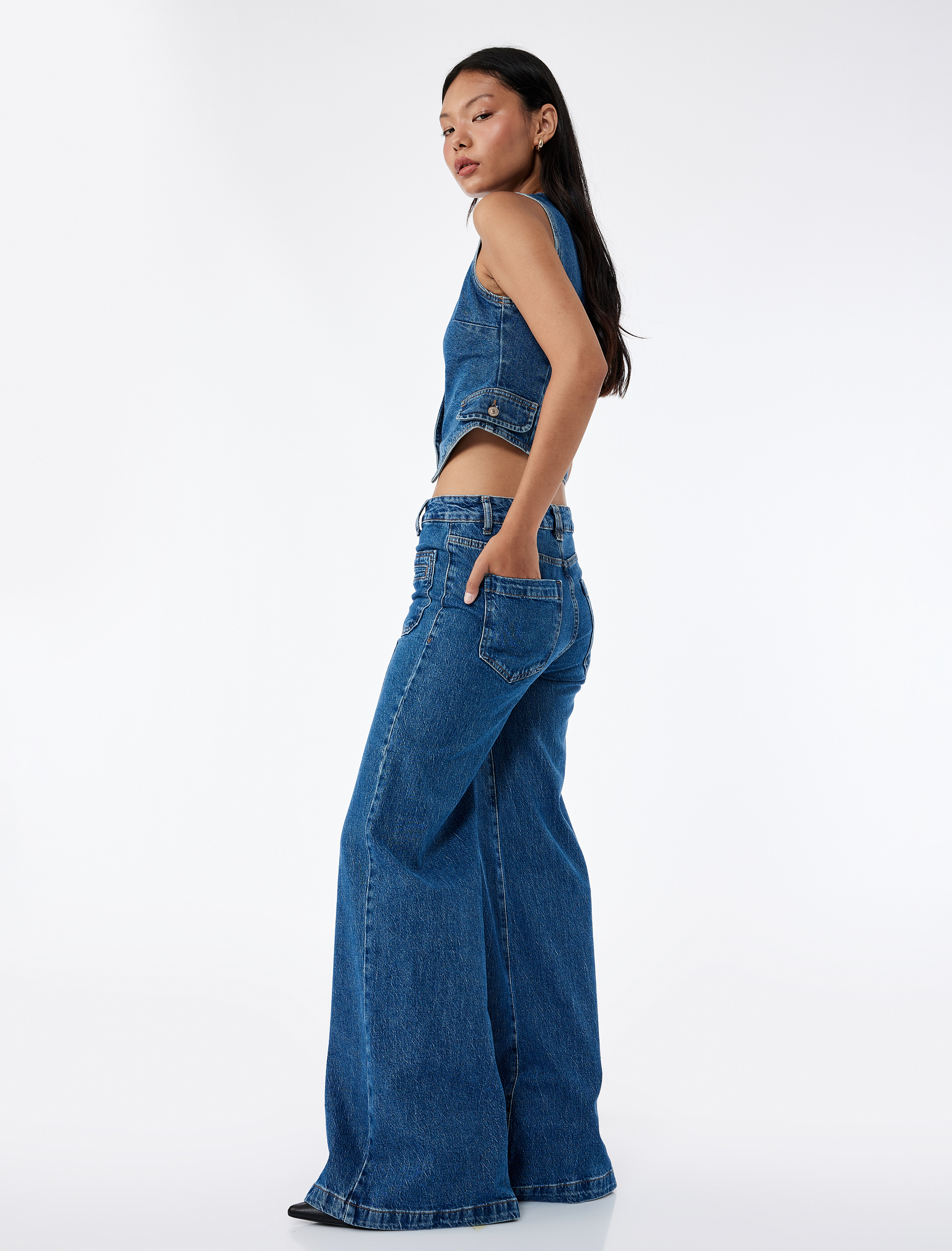 Rahat Kalıp Cep Detaylı Nervürlü Geniş Paça Jean Pantolon -  Wide Leg Jeans