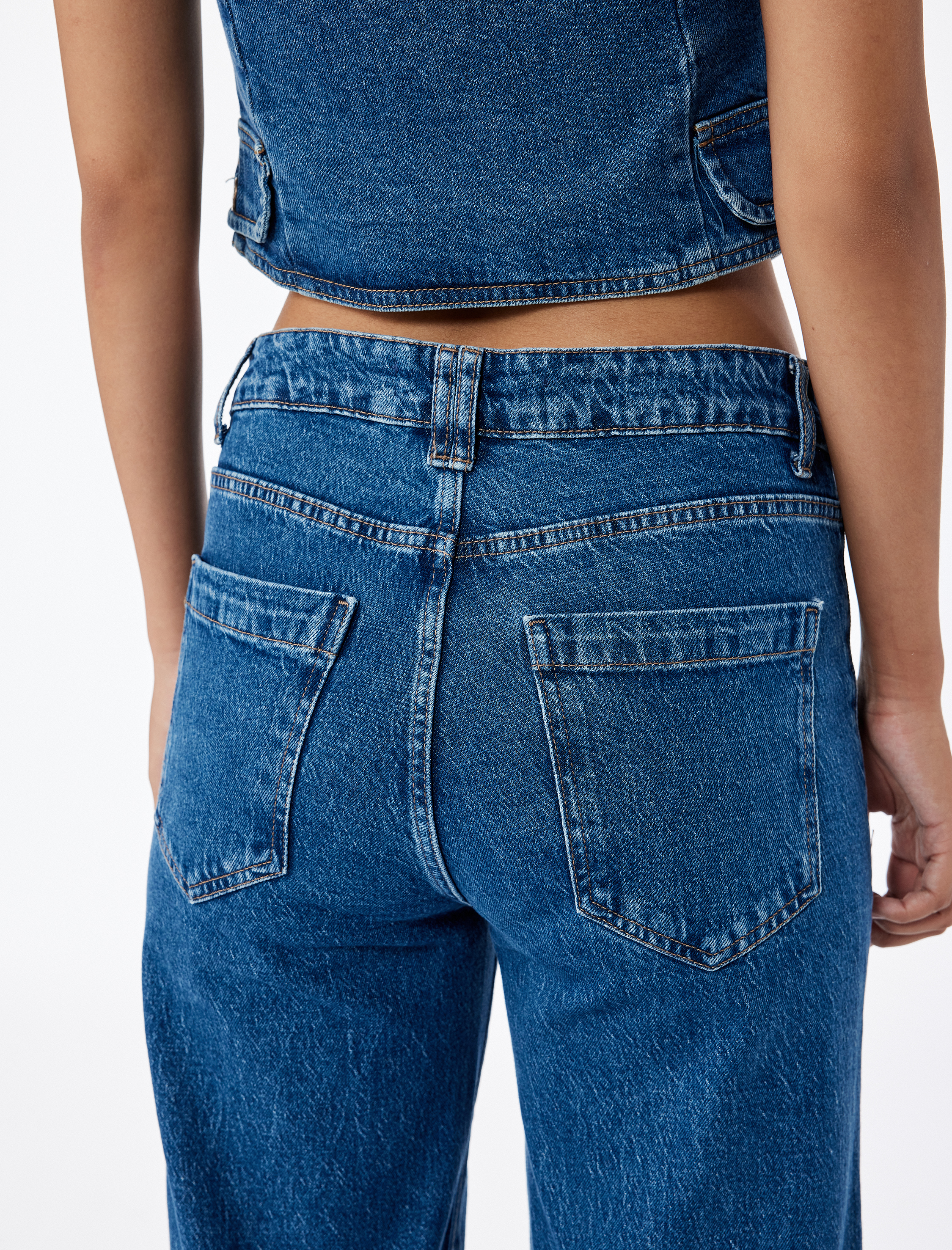 Rahat Kalıp Cep Detaylı Nervürlü Geniş Paça Jean Pantolon -  Wide Leg Jeans