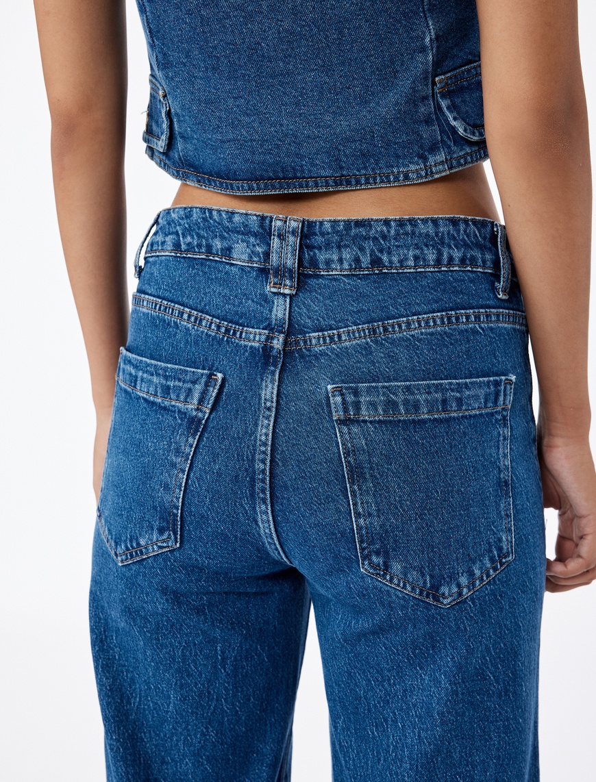   Rahat Kalıp Cep Detaylı Nervürlü Geniş Paça Jean Pantolon -  Wide Leg Jeans