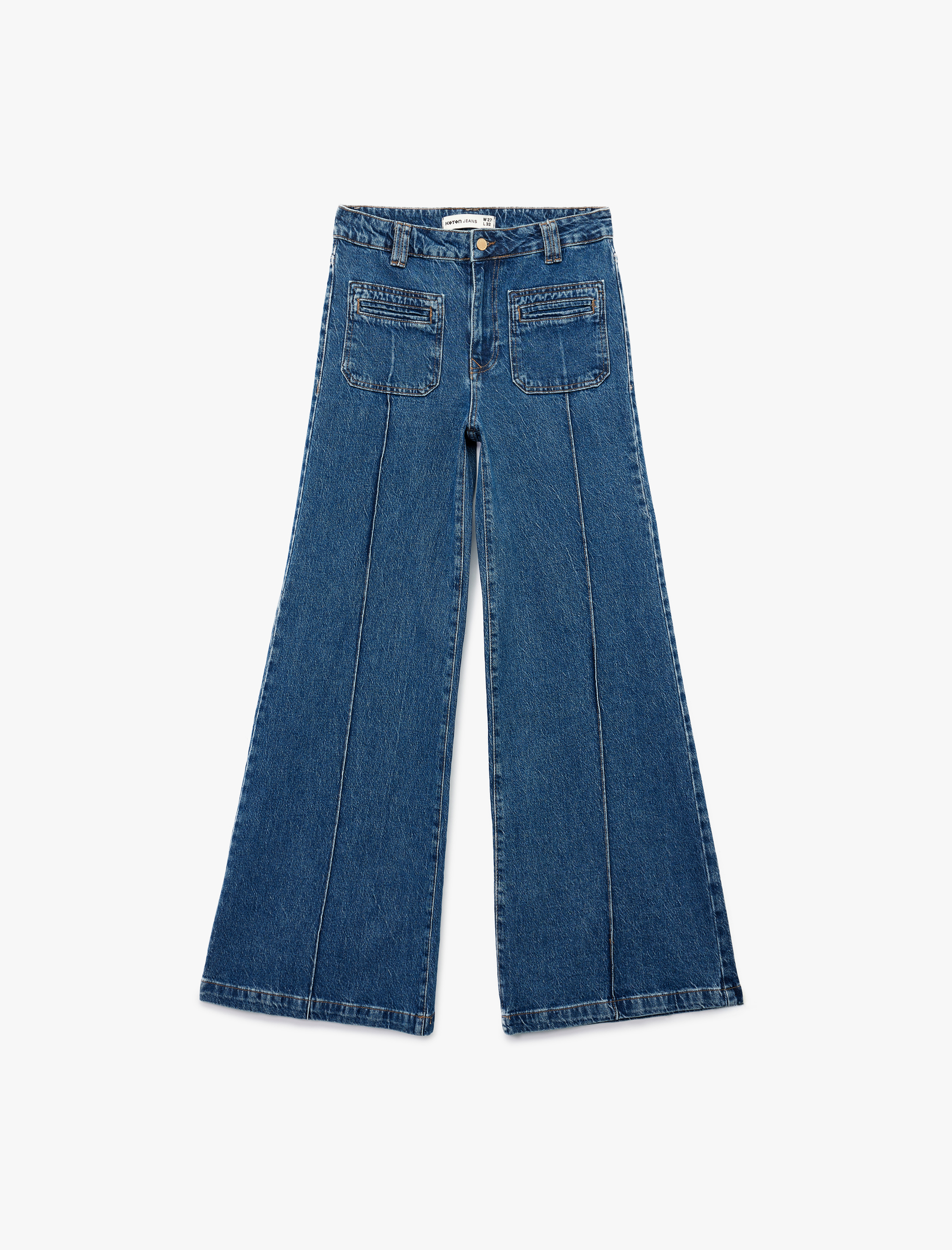 Rahat Kalıp Cep Detaylı Nervürlü Geniş Paça Jean Pantolon -  Wide Leg Jeans