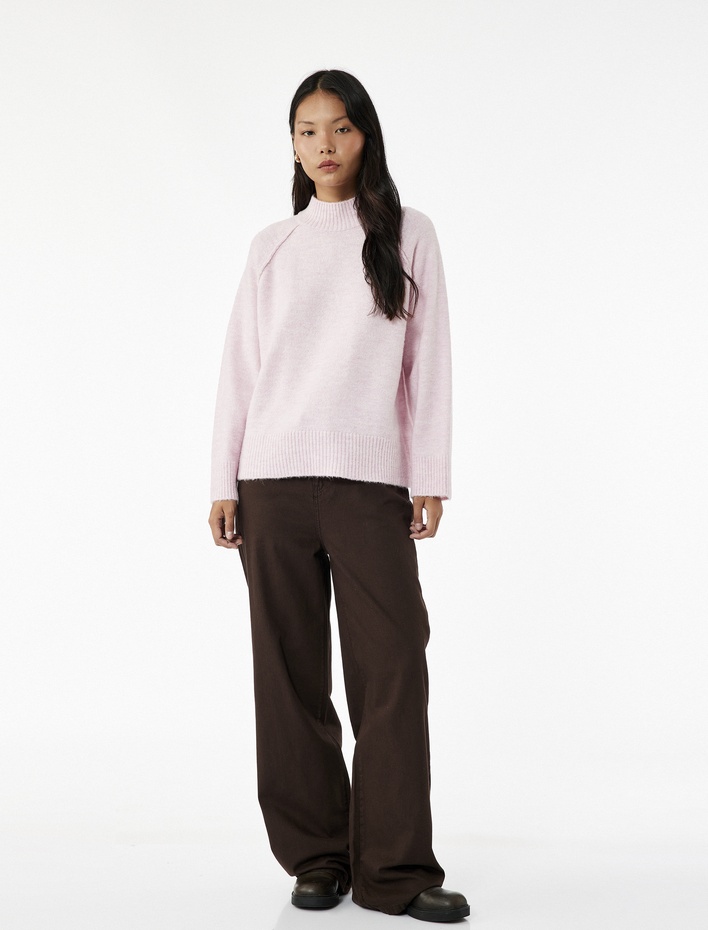  Dik Yaka Dikiş Detaylı Uzun Kollu Basic Triko Kazak