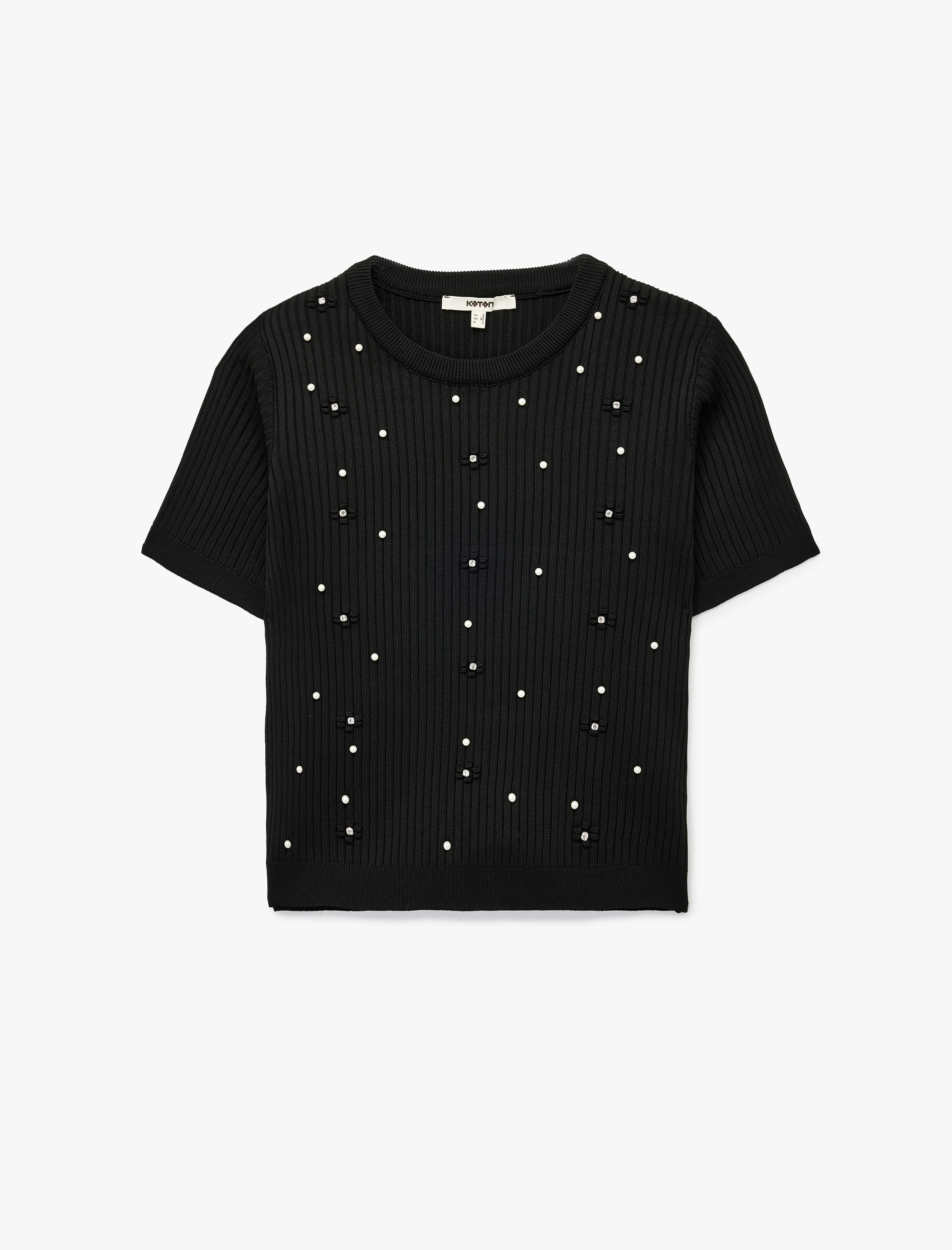   İnci İşlemeli Kısa Kollu Bisiklet Yaka Taşlı Triko Kazak