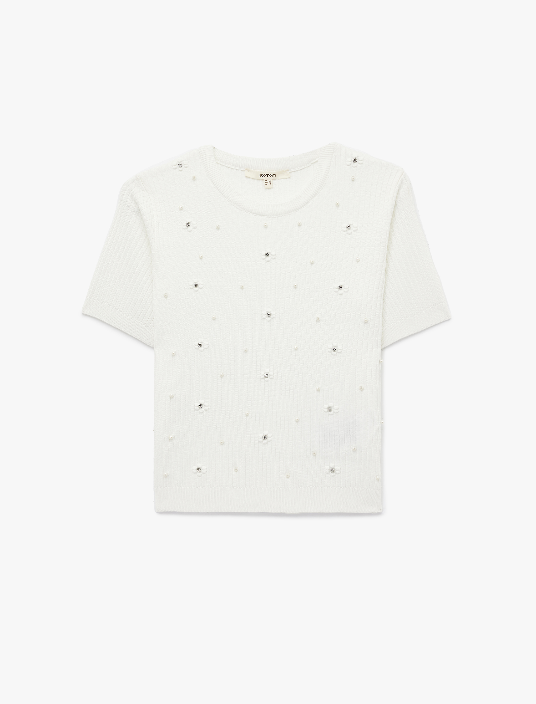   İnci İşlemeli Kısa Kollu Bisiklet Yaka Taşlı Triko Kazak