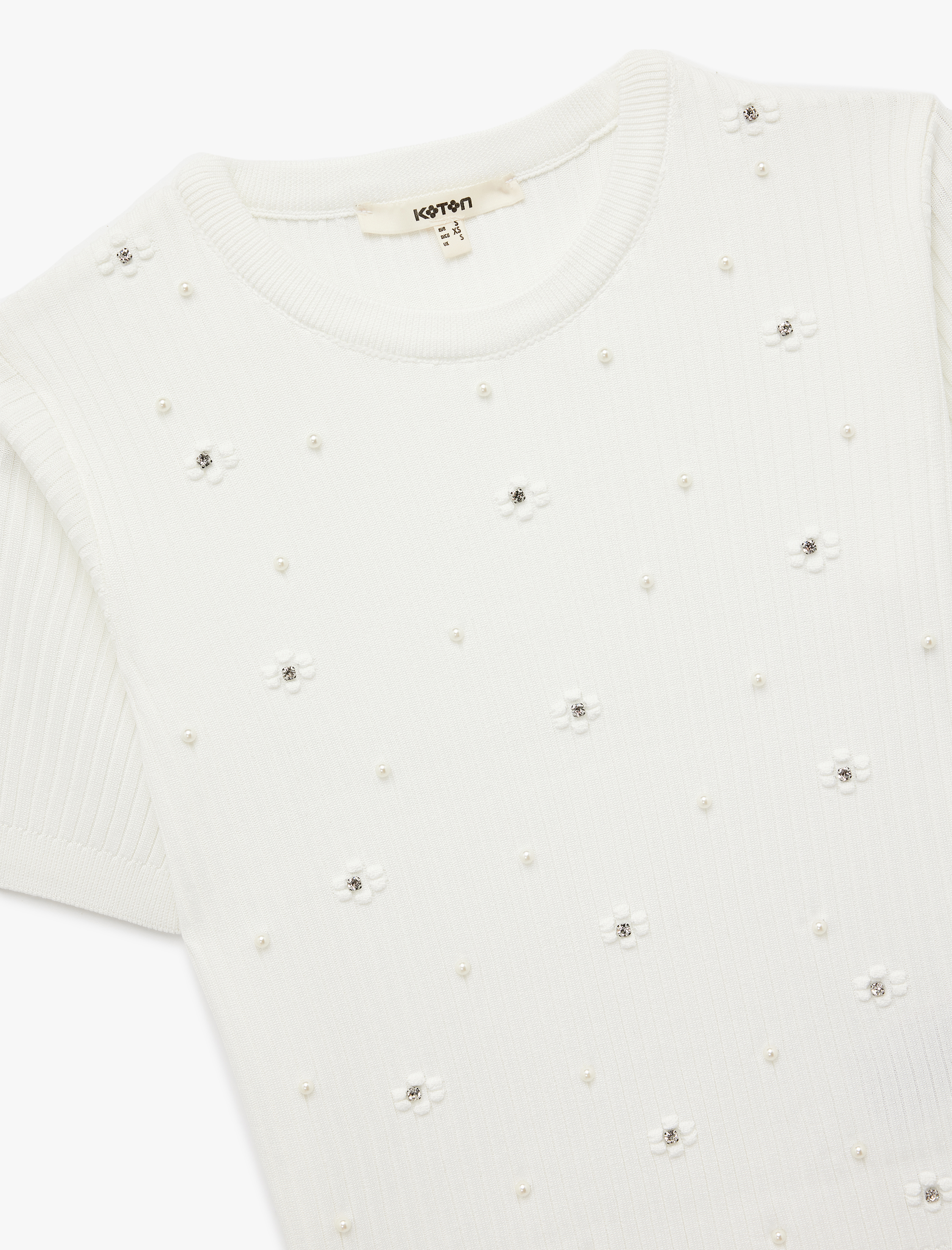   İnci İşlemeli Kısa Kollu Bisiklet Yaka Taşlı Triko Kazak