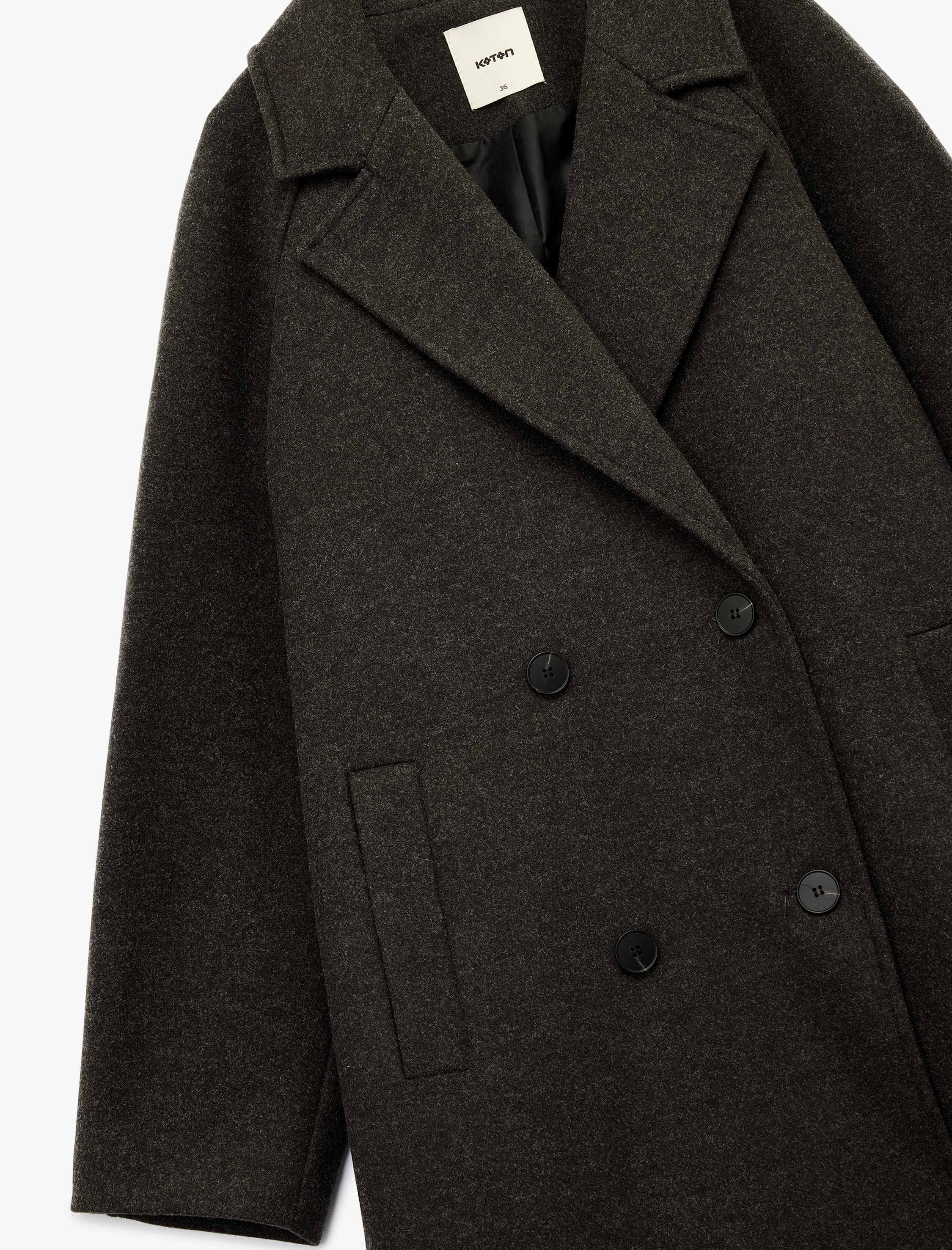   Uzun Kollu Cepli Düğmeli Kruvaze Uzun Kaşe Kaban