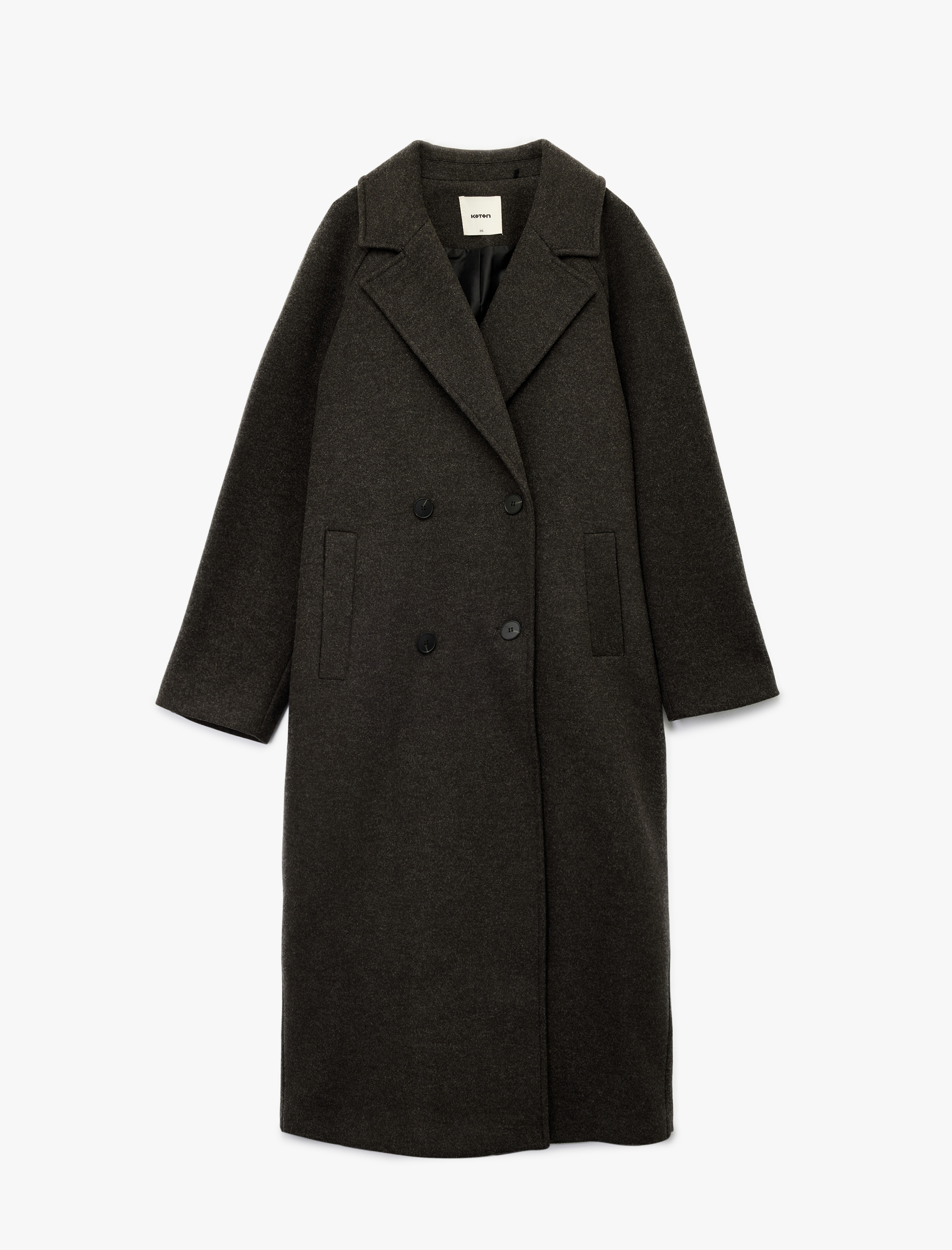   Uzun Kollu Cepli Düğmeli Kruvaze Uzun Kaşe Kaban