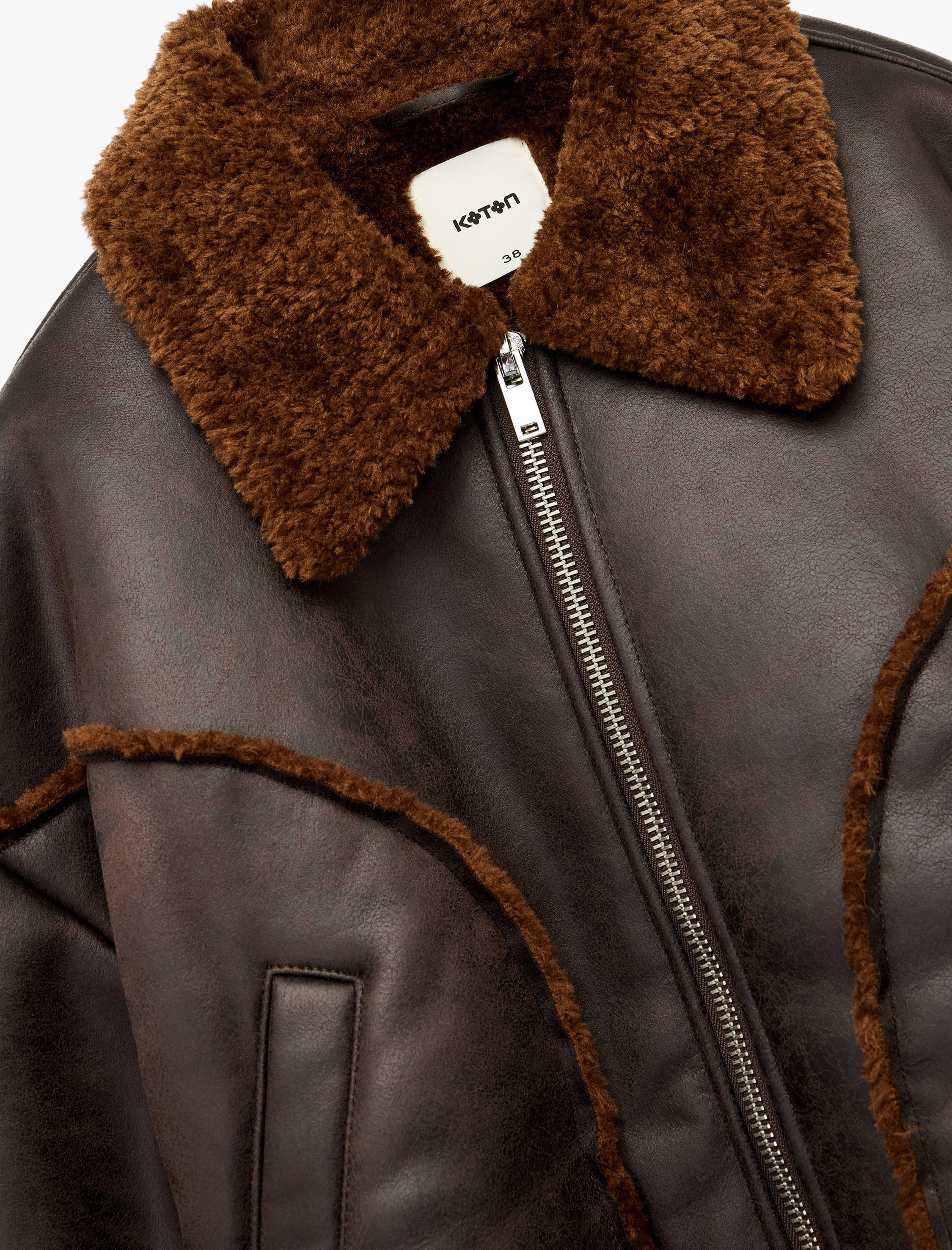 Uzun Kollu Cepli Fermuarlı Peluş Yaka Suni Süet Crop Biker Ceket