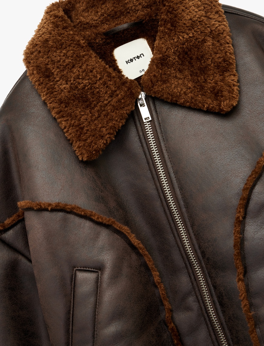   Uzun Kollu Cepli Fermuarlı Peluş Yaka Suni Süet Crop Biker Ceket