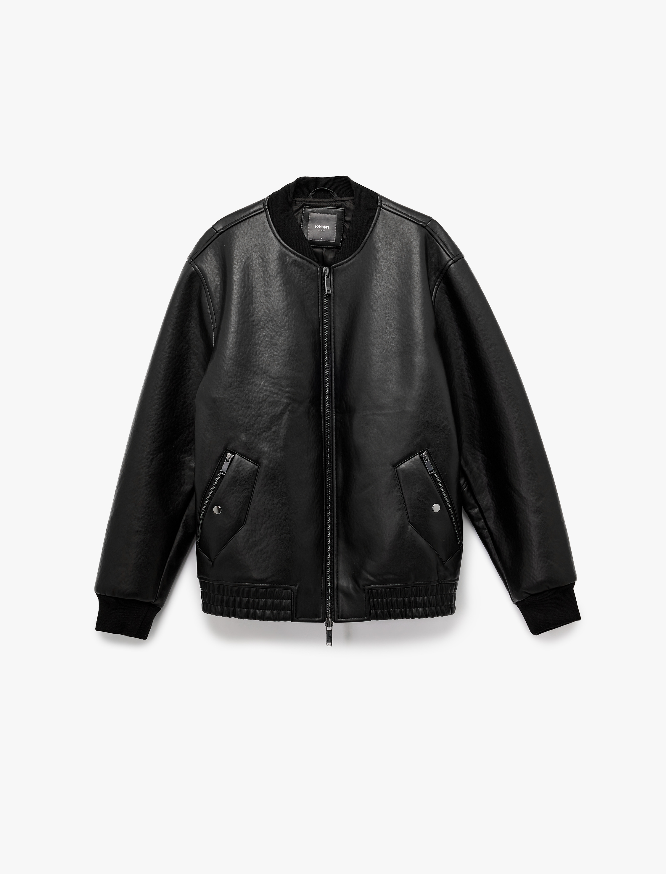 Uzun Kollu Fermuarlı Cep Detaylı Bomber Suni Deri Ceket