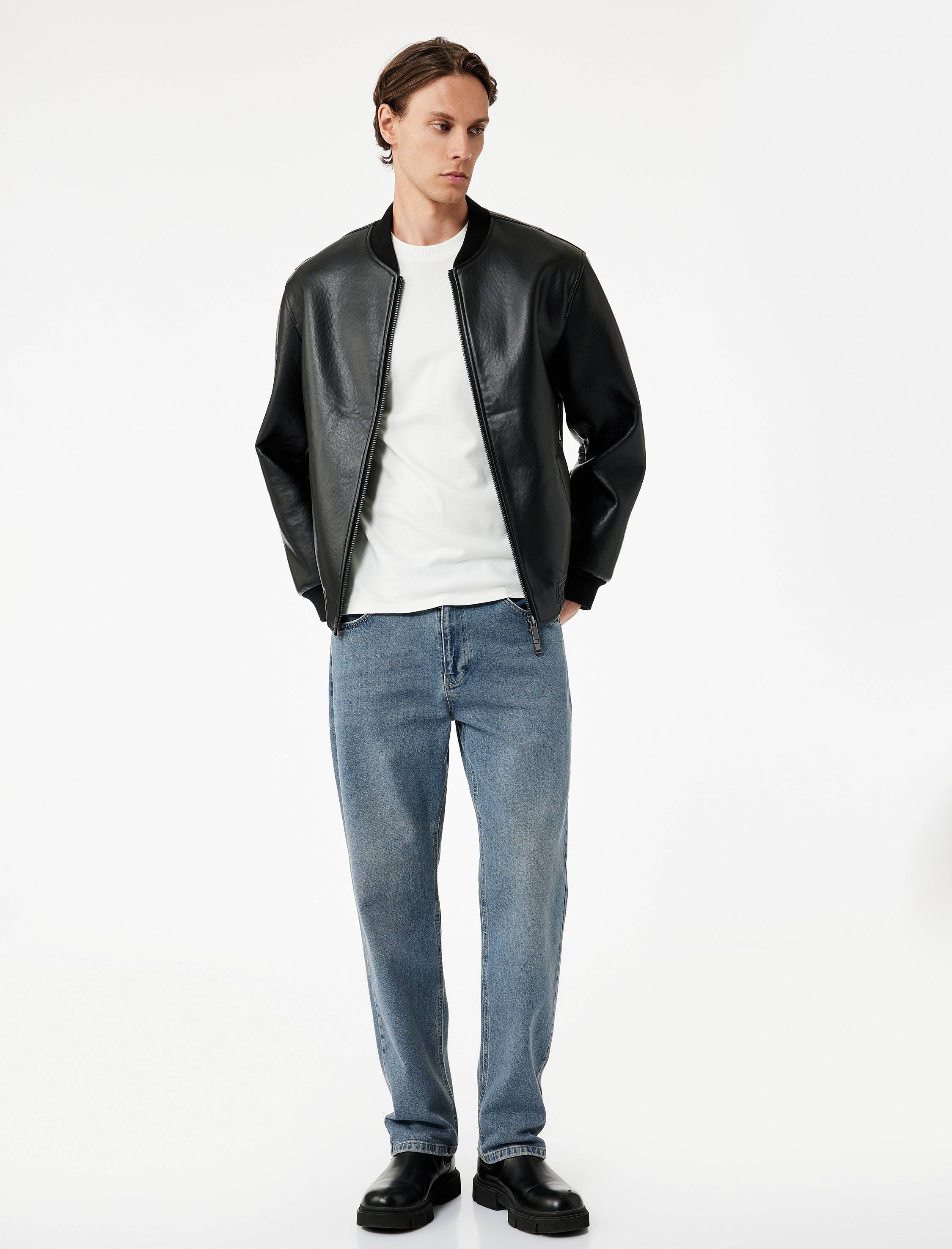 Uzun Kollu Fermuarlı Cep Detaylı Bomber Suni Deri Ceket