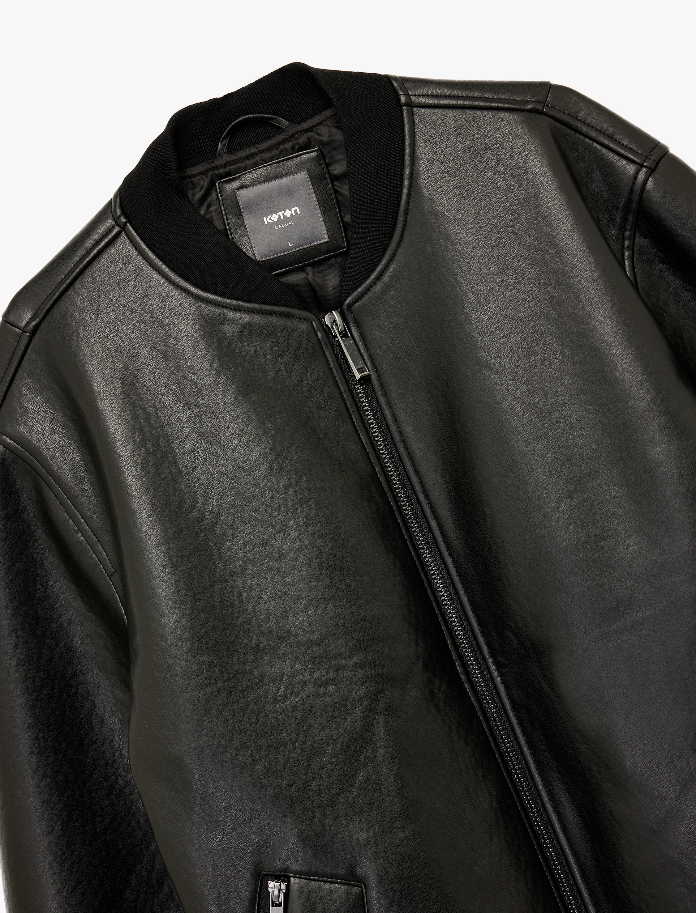 Uzun Kollu Fermuarlı Cep Detaylı Bomber Suni Deri Ceket