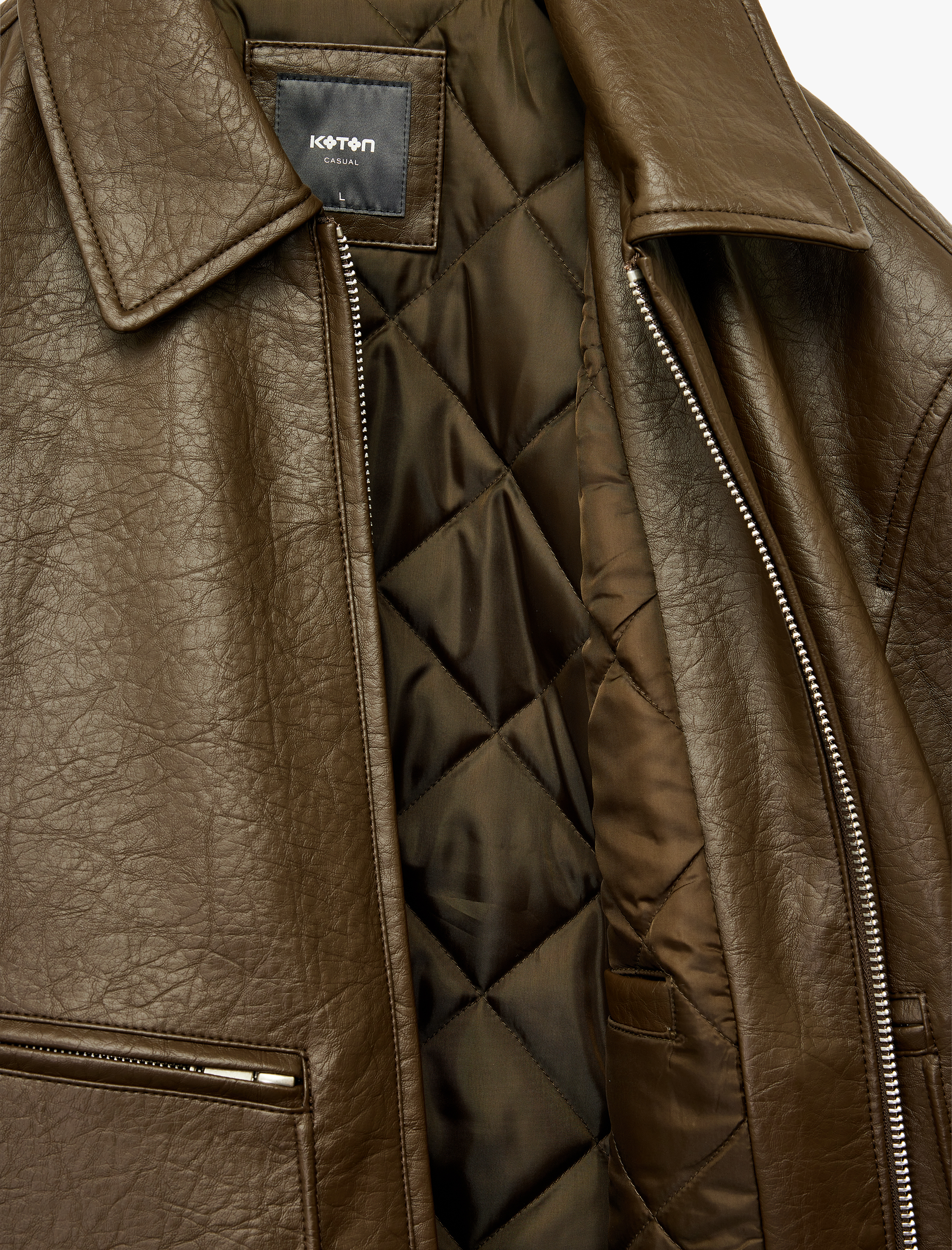   Slim Fit Uzun Kollu Fermuarlı Gömlek Yaka Suni Deri Ceket