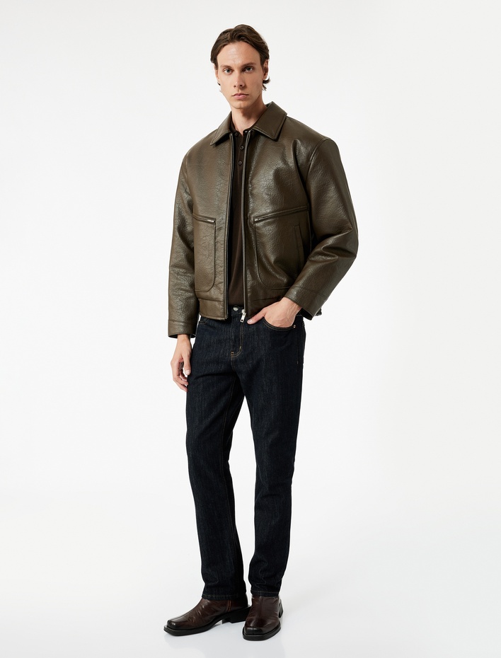  Slim Fit Uzun Kollu Fermuarlı Gömlek Yaka Suni Deri Ceket
