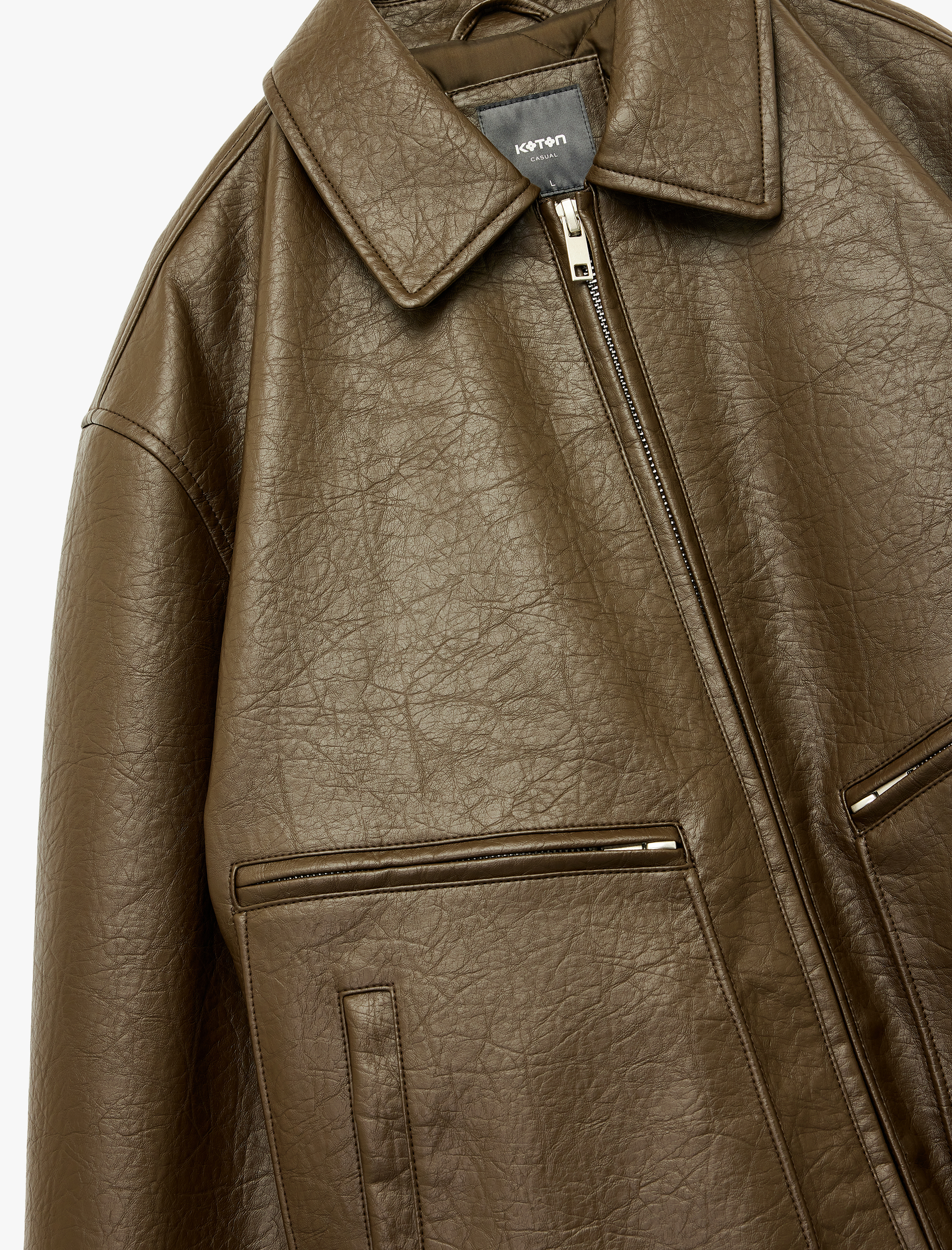   Slim Fit Uzun Kollu Fermuarlı Gömlek Yaka Suni Deri Ceket