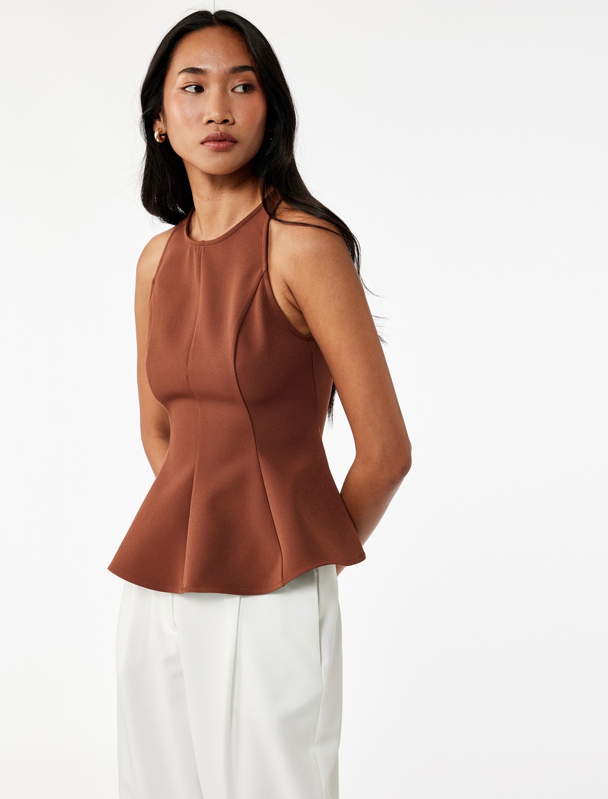   Slim Fit Kolsuz Bisiklet Yaka Peplum Bluz