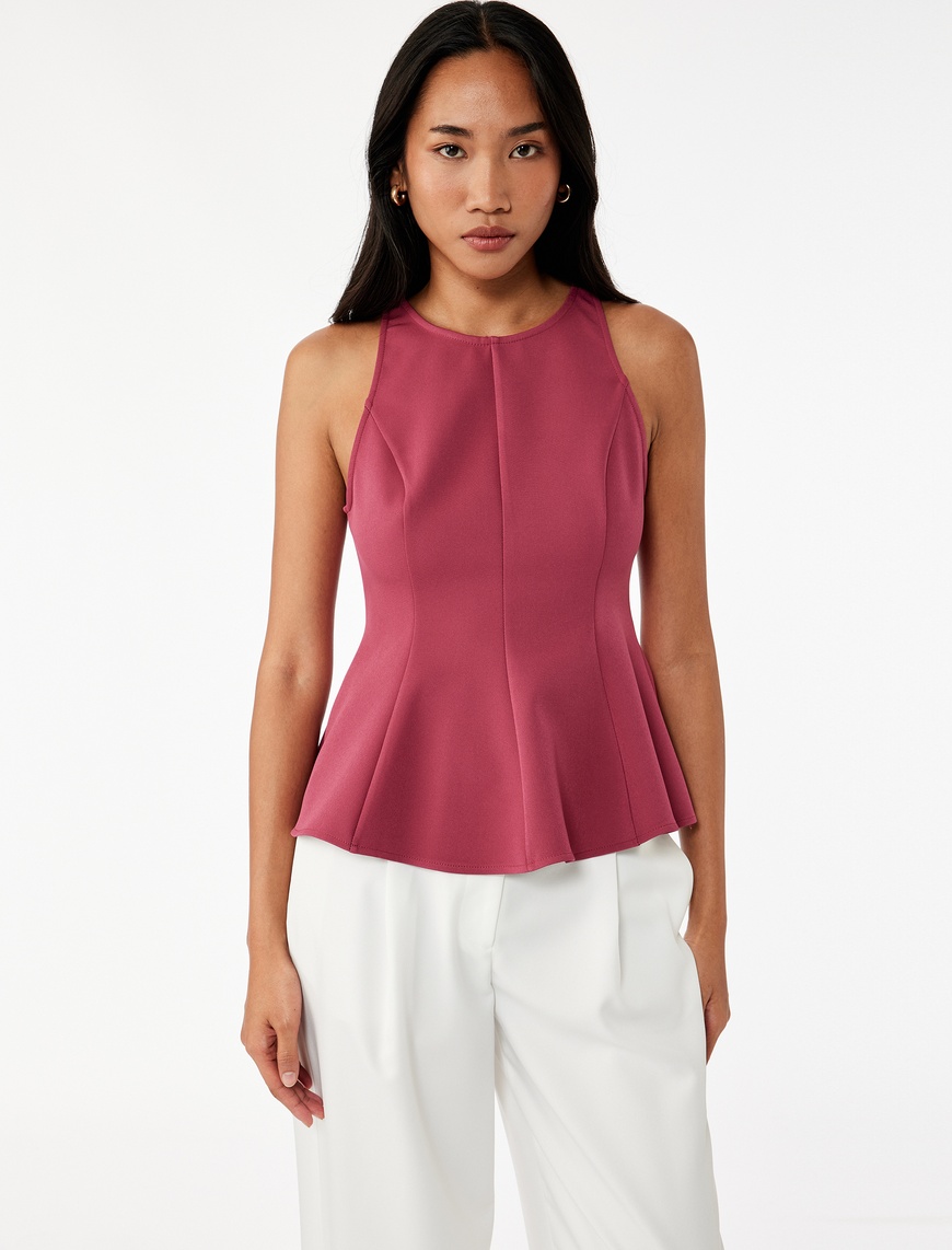   Slim Fit Kolsuz Bisiklet Yaka Peplum Bluz