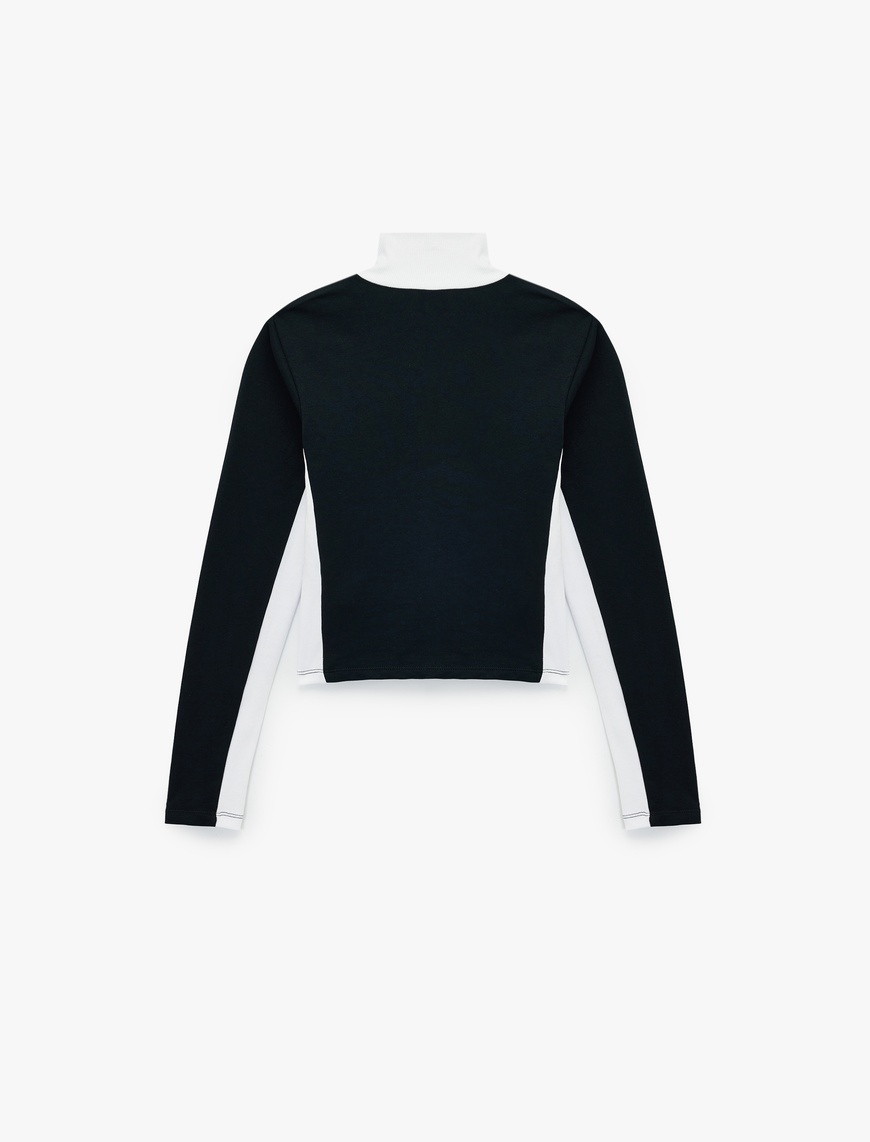   Dik Yaka Baskılı Renk Bloklu Slim Fit Fermuarlı Uzun Kollu Tişört