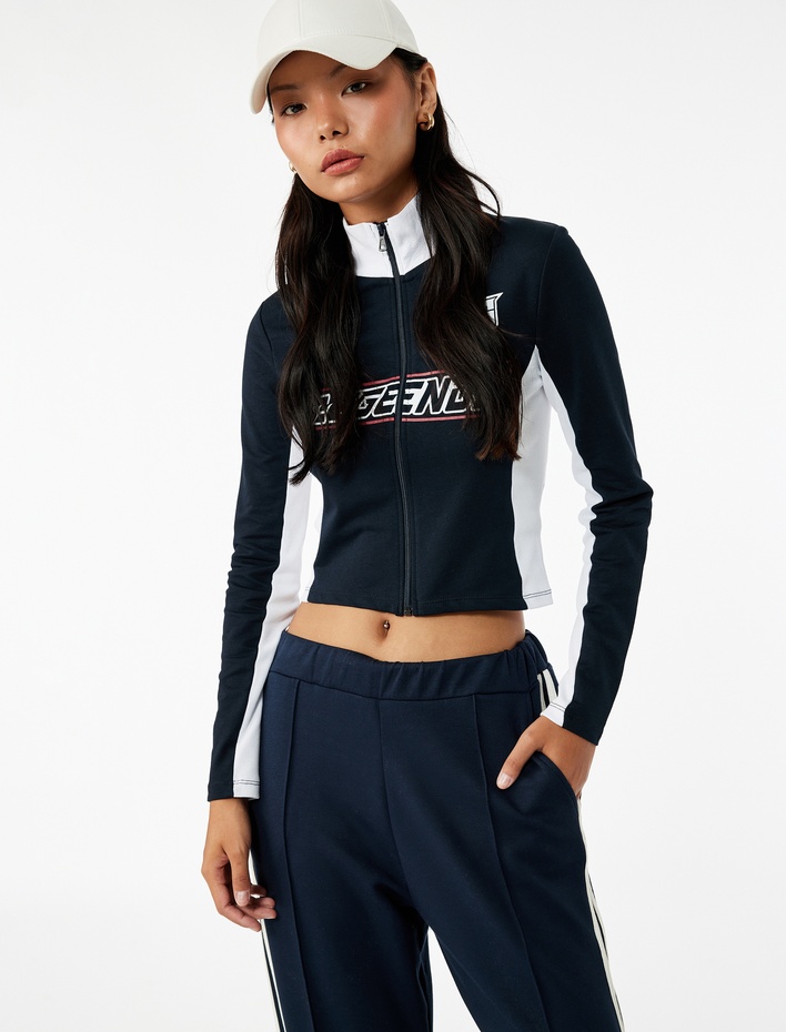  Dik Yaka Baskılı Renk Bloklu Slim Fit Fermuarlı Uzun Kollu Tişört