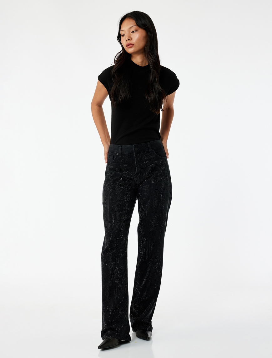   Yüksek Bel Taş Detaylı Düz Paça Jean Pantolon - Straight Fit Jean