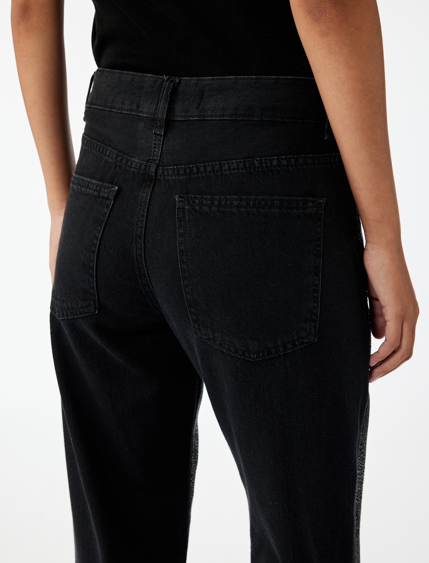   Yüksek Bel Taş Detaylı Düz Paça Jean Pantolon - Straight Fit Jean