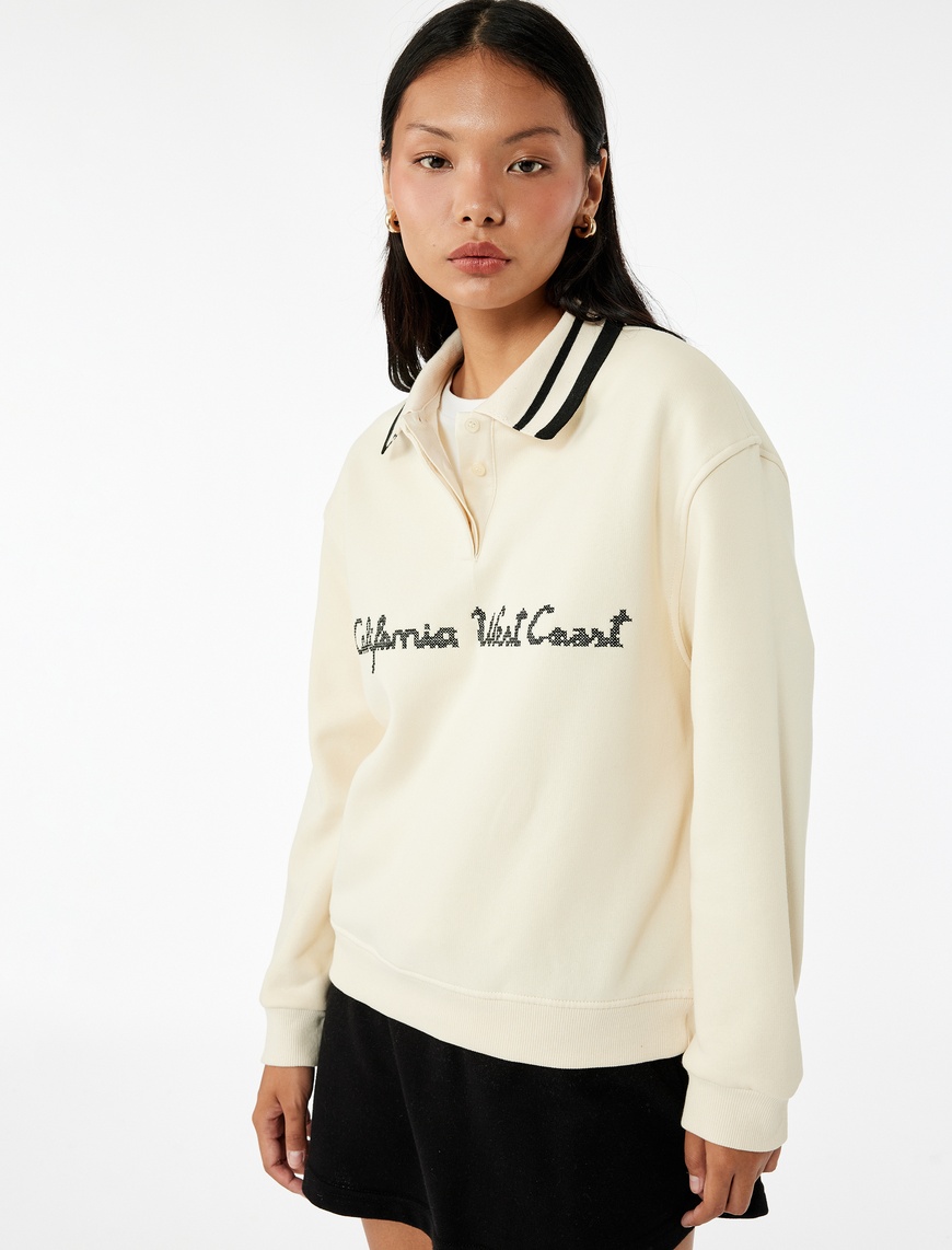   Uzun Kollu Düğmeli Nakışlı Şardonlu Oversize Polo Yaka Sweatshirt