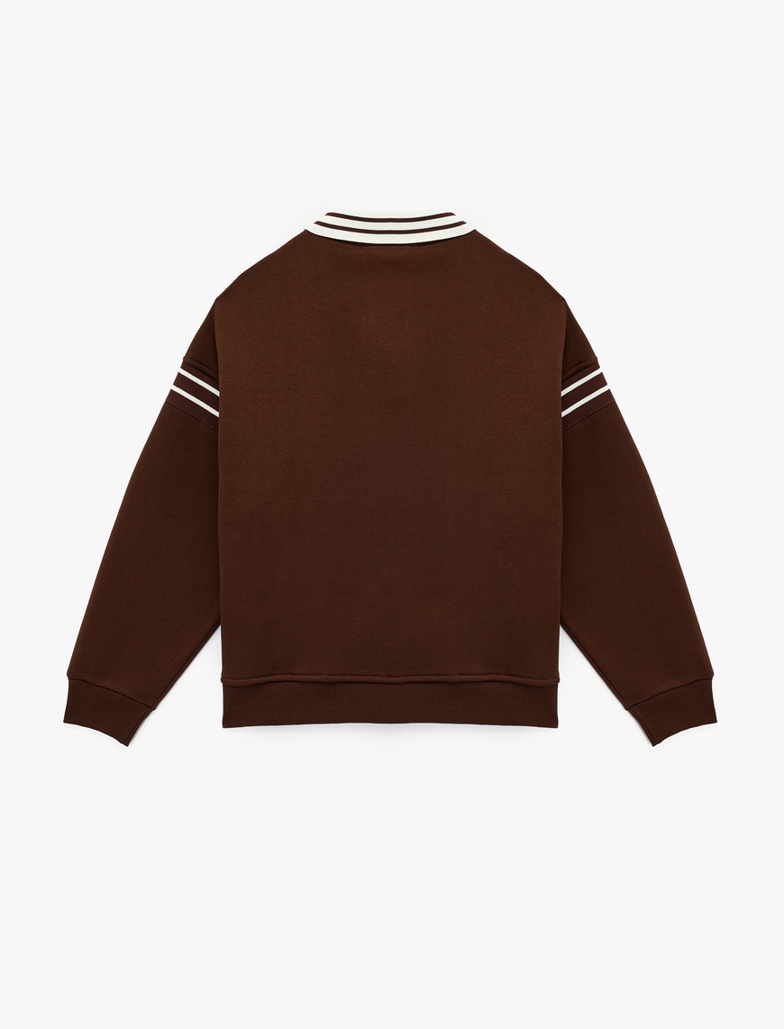   Üç İplik Şardonlu Uzun Kollu Baskılı Biyeli Oversize Polo Yaka Sweatshirt