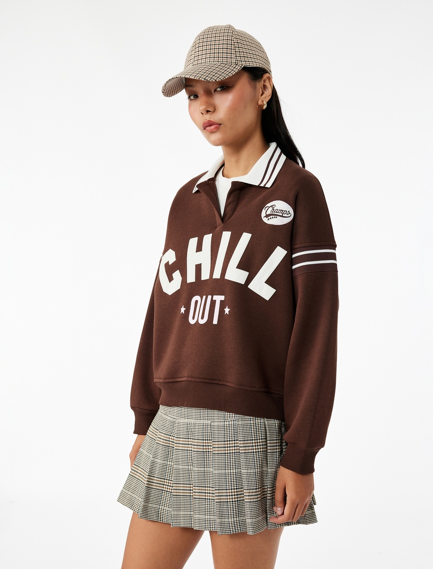   Üç İplik Şardonlu Uzun Kollu Baskılı Biyeli Oversize Polo Yaka Sweatshirt