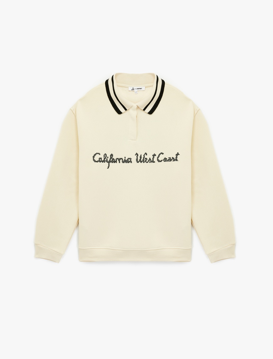   Uzun Kollu Düğmeli Nakışlı Şardonlu Oversize Polo Yaka Sweatshirt