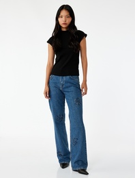 Normal Bel Düz Paça Düğmeli Çiçekli Taşlı Jean Pantolon - Straight Jeans