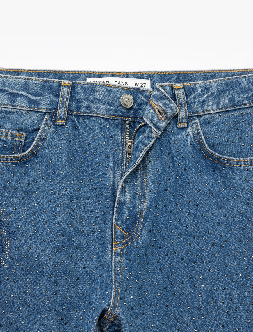   Normal Bel Düz Paça Düğmeli Çiçekli Taşlı Jean Pantolon - Straight Jeans