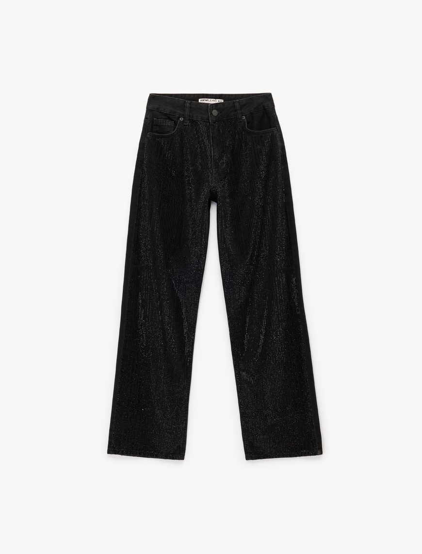   Yüksek Bel Taş Detaylı Düz Paça Jean Pantolon - Straight Fit Jean