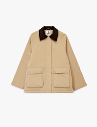 Kadife Yaka Uzun Kollu Cep Detaylı Oversize Anorak Ceket