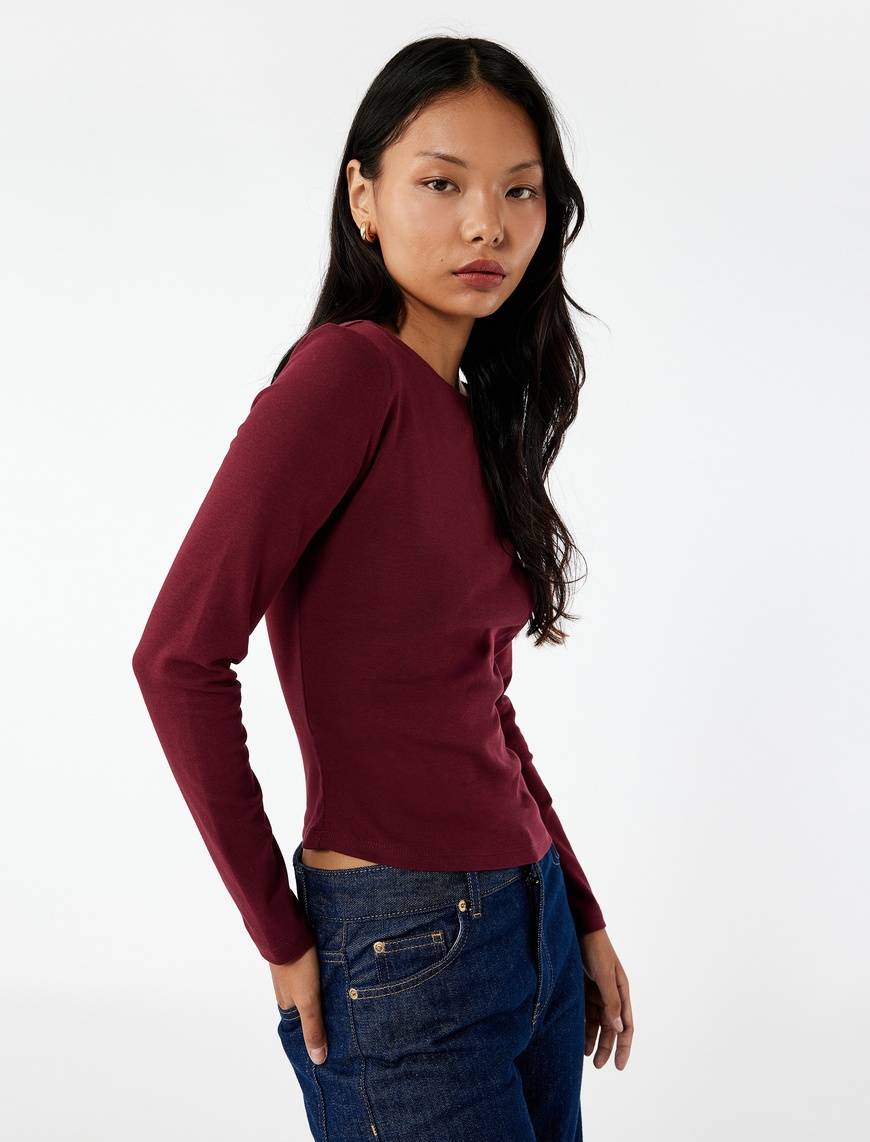   Asimetrik Kayık Yaka Kolsuz Slim Fit Uzun Kollu Tişört