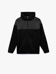 Renk Bloklu Fermuarlı Uzun Kollu Kapüşonlu Spor Sweatshirt