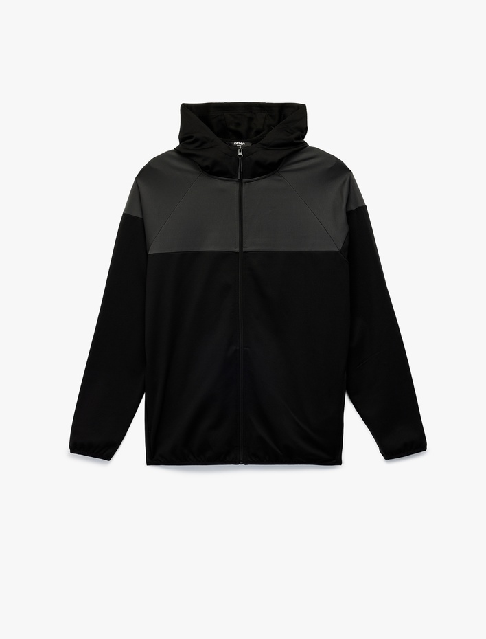  Renk Bloklu Fermuarlı Uzun Kollu Kapüşonlu Spor Sweatshirt
