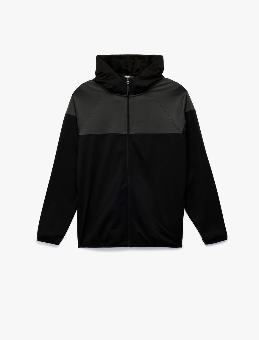   Renk Bloklu Fermuarlı Uzun Kollu Kapüşonlu Spor Sweatshirt