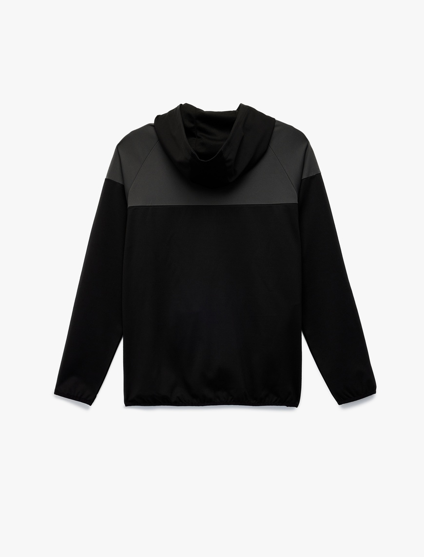  Renk Bloklu Fermuarlı Uzun Kollu Kapüşonlu Spor Sweatshirt