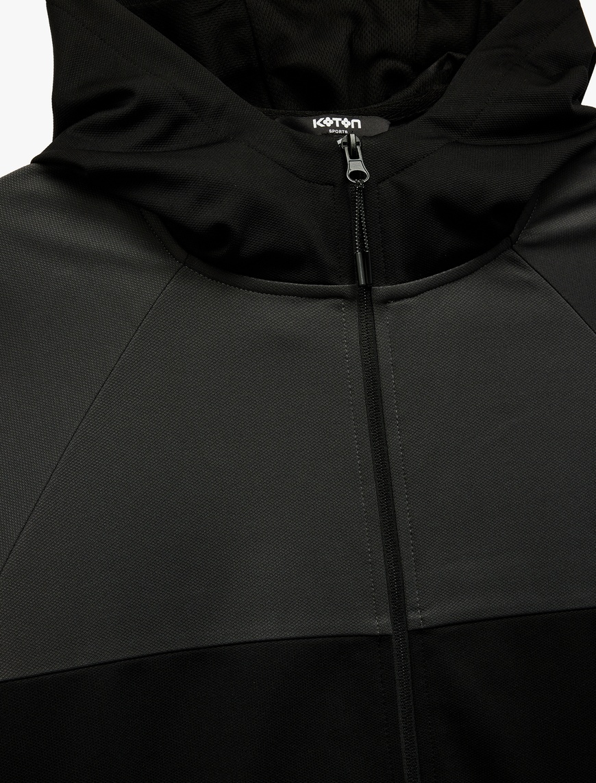   Renk Bloklu Fermuarlı Uzun Kollu Kapüşonlu Spor Sweatshirt