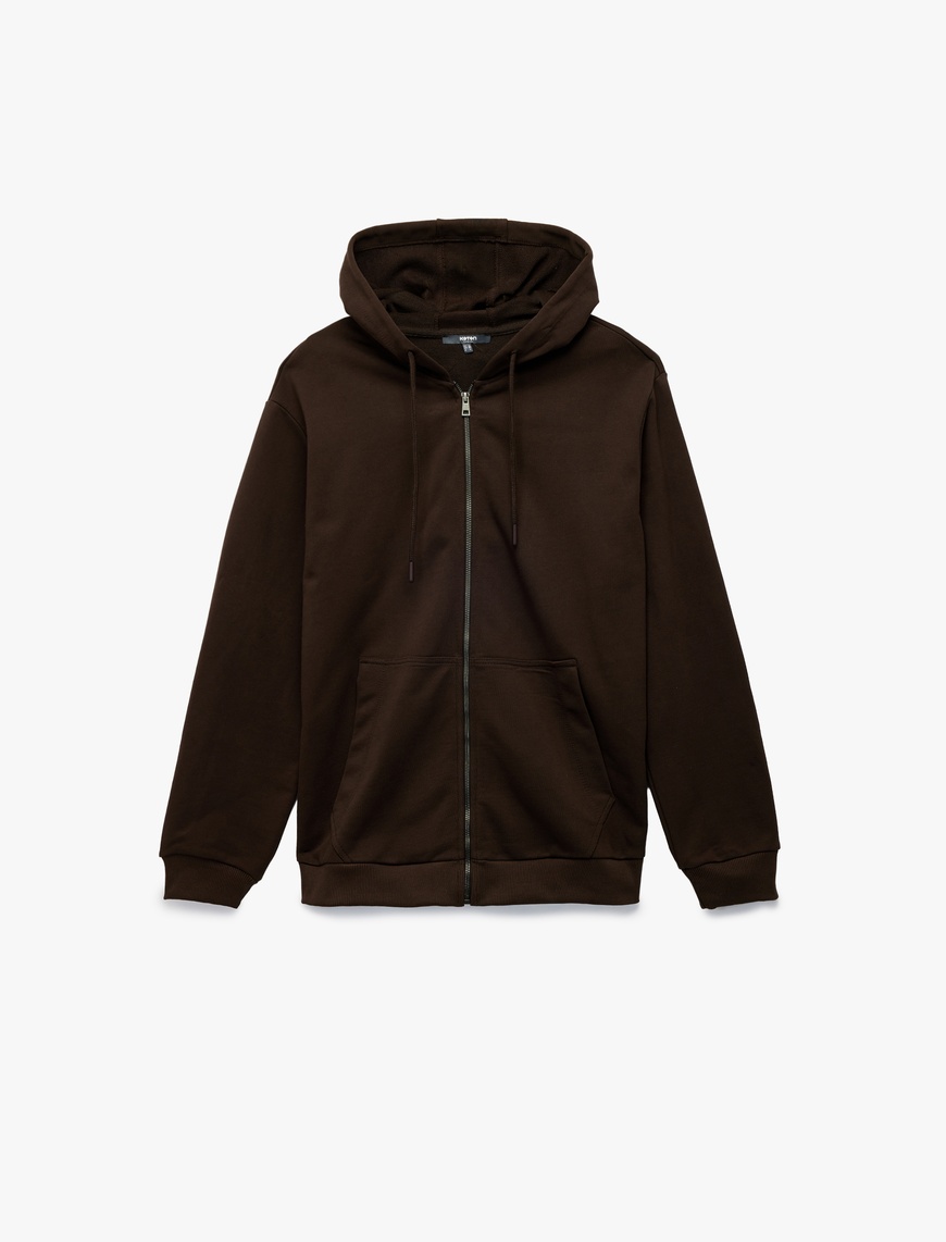   Pamuklu Uzun Kollu Fermuarlı Kanguru Cepli Kapüşonlu Sweatshirt