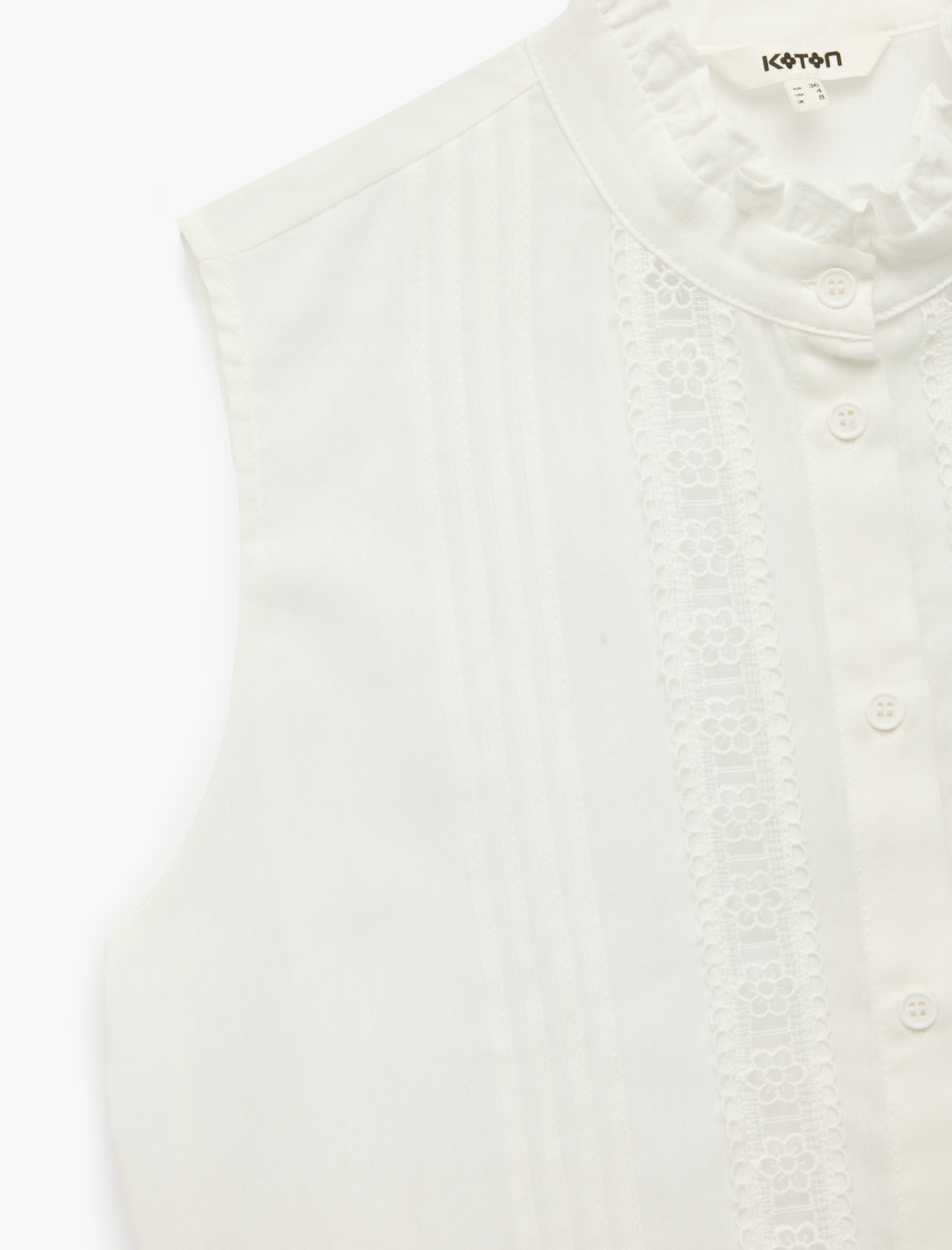 Pamuklu Fırfırlı Hakim Yaka Dantel Detaylı Kolsuz Gömlek